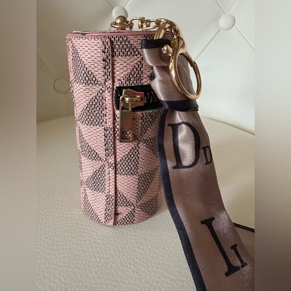 Fashion Print Mini Zip Barrel Purse Keychain Charm Pink Beige Mini Scarf Accent - Picture 4 of 7